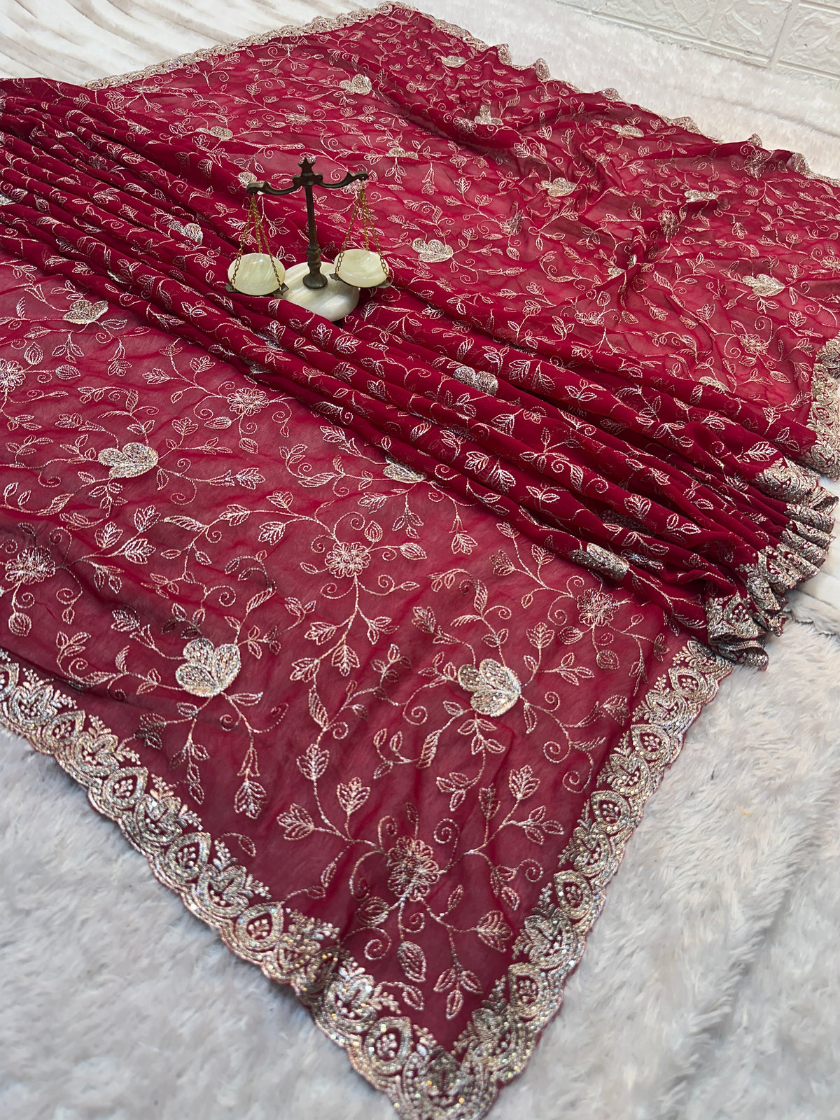 Red Designer Saree With Dupatta – Premium Floral Embroidery