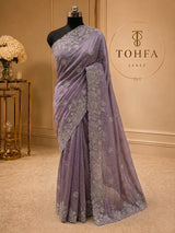 Lavender Grey Organza Saree with Silver Zarkhan Stone & Zari Floral Embroidery