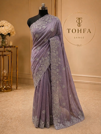 Lavender Grey Organza Saree with Silver Zarkhan Stone & Zari Floral Embroidery