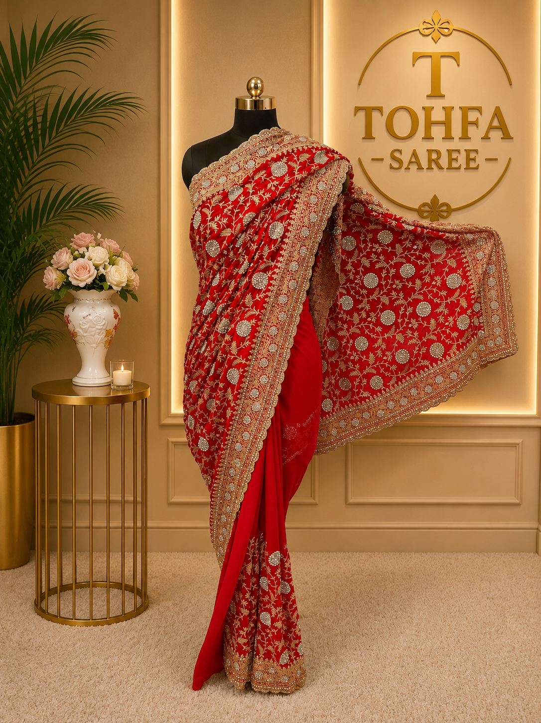 Royal Red Designer Saree with Elegant Zarkhan & Golden Work