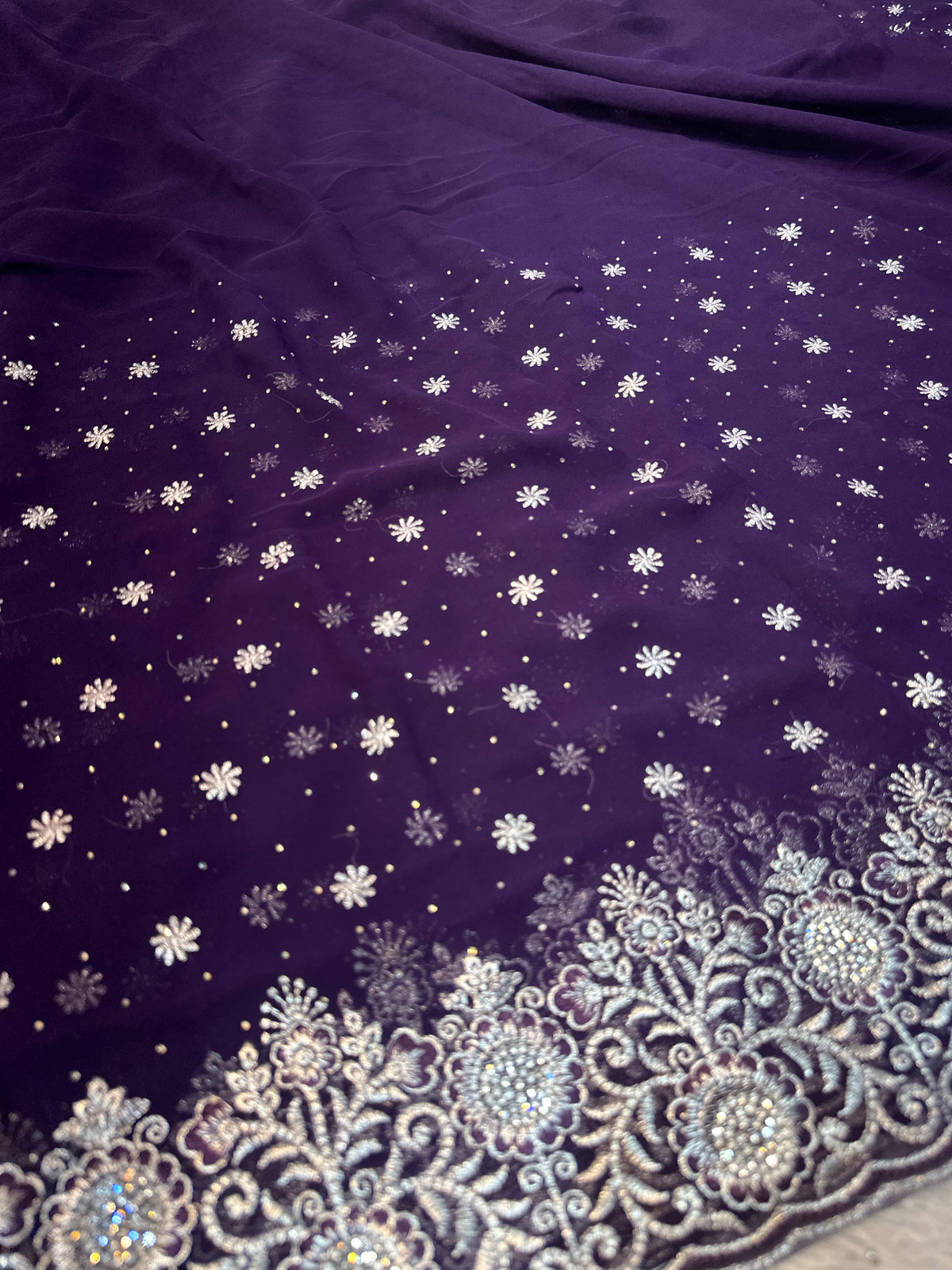Royal Purple Georgette Saree with Silver Zari & Sequin Embroidery