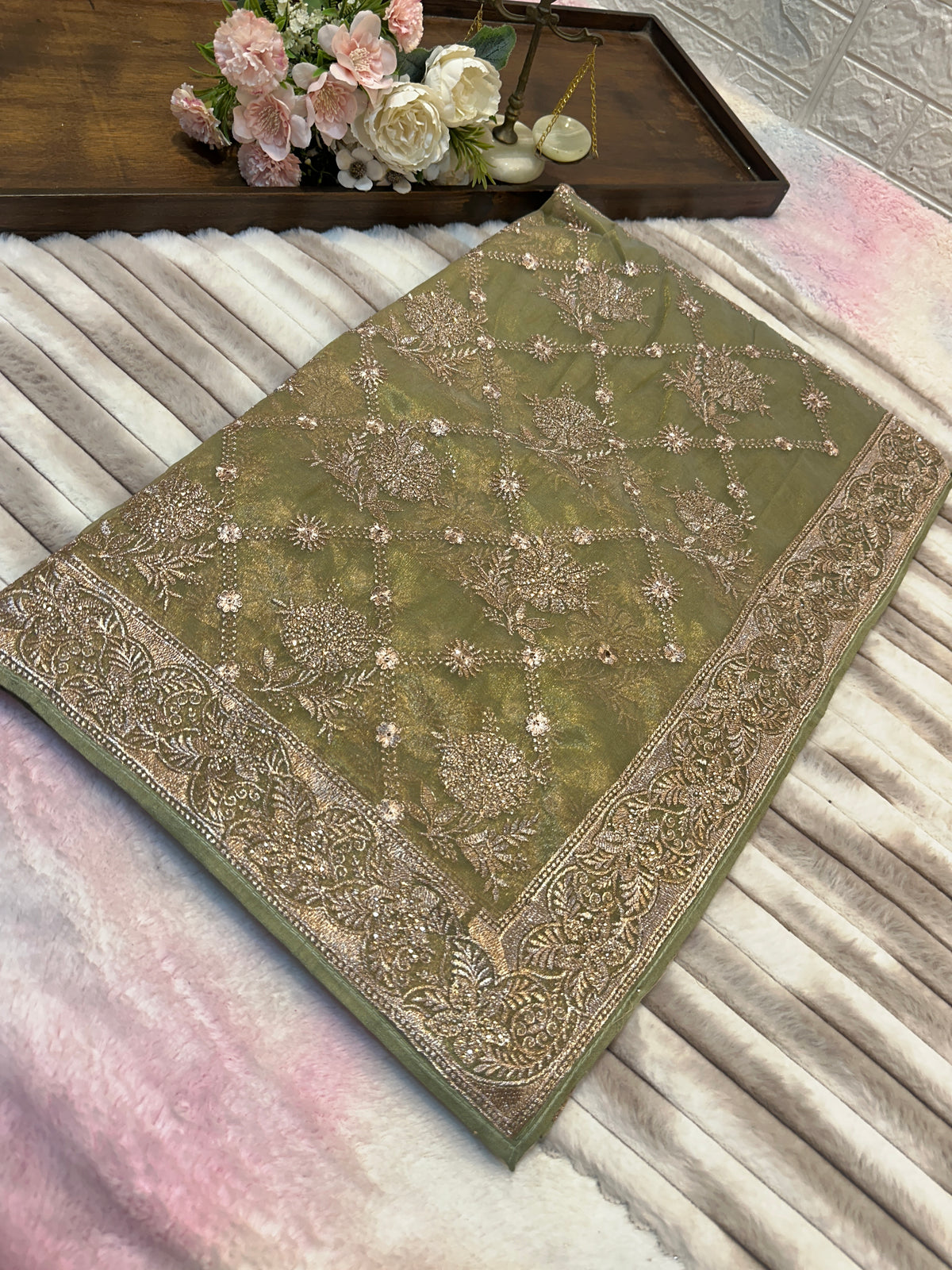 BUY 1 GET 1 FREE – Premium Olive Green Designer Saree