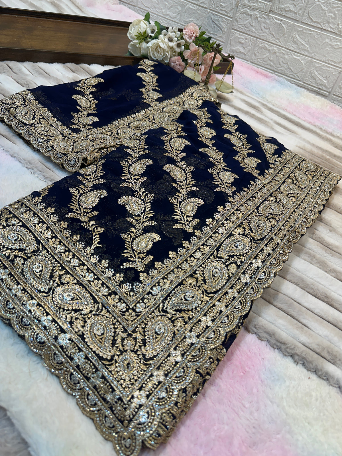 Navy Blue Bridal Saree with Dupatta | Heavy Zari & Embroidery Work