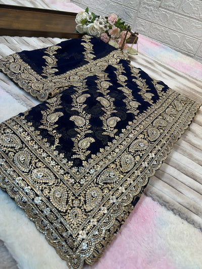 Navy Blue Bridal Saree with Dupatta | Heavy Zari & Embroidery Work