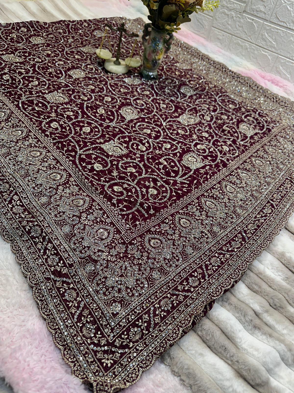 Premium Wine Saree with Dupatta | Heavy Embroidery & Stone Work
