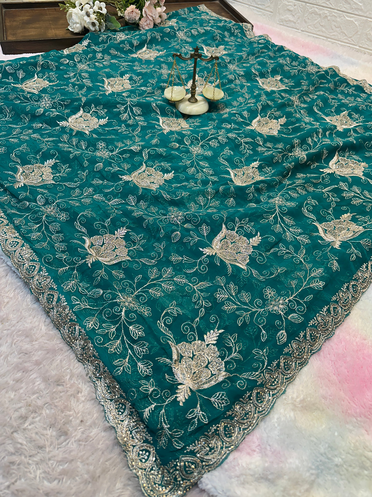 Premium Teal Green Zari Work Saree With Dupatta ✨