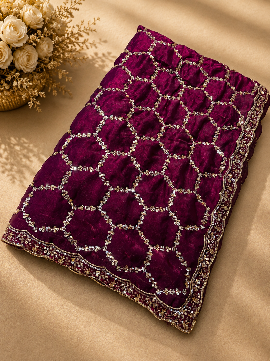 Premium Wine Designer Saree with Intricate Beads Work