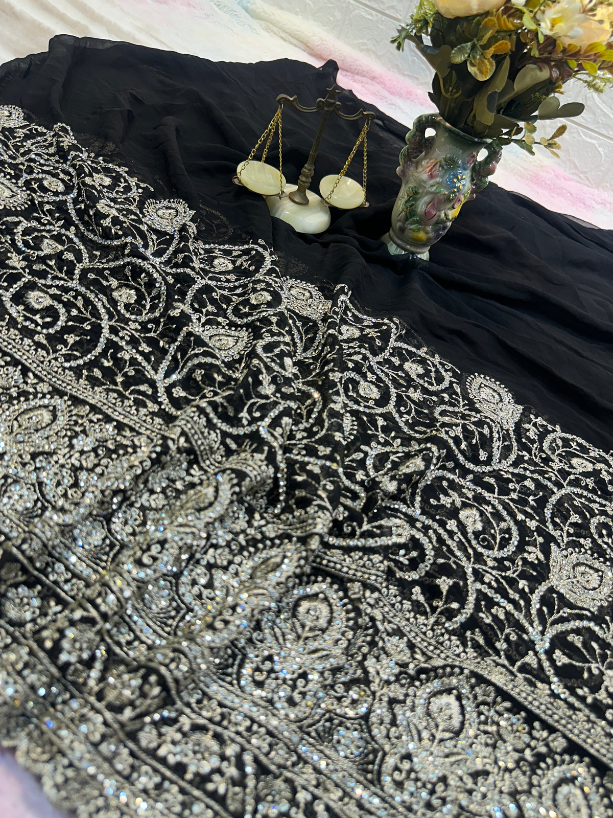 Premium Black Saree with Dupatta | Heavy Embroidery & Stone Work