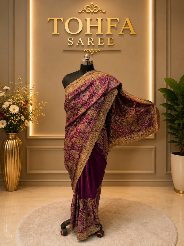 Premium Wine Georgette Kashmiri Work Designer Saree | Elegant Festive & Wedding Collection
