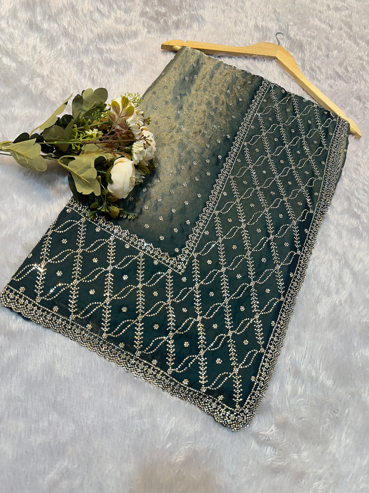 Olive Green Shadow Zarkhan Saree – Premium DESIGNER Collection