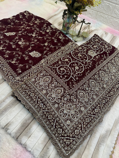 Premium Brown Saree with Dupatta | Heavy Embroidery & Stone Work