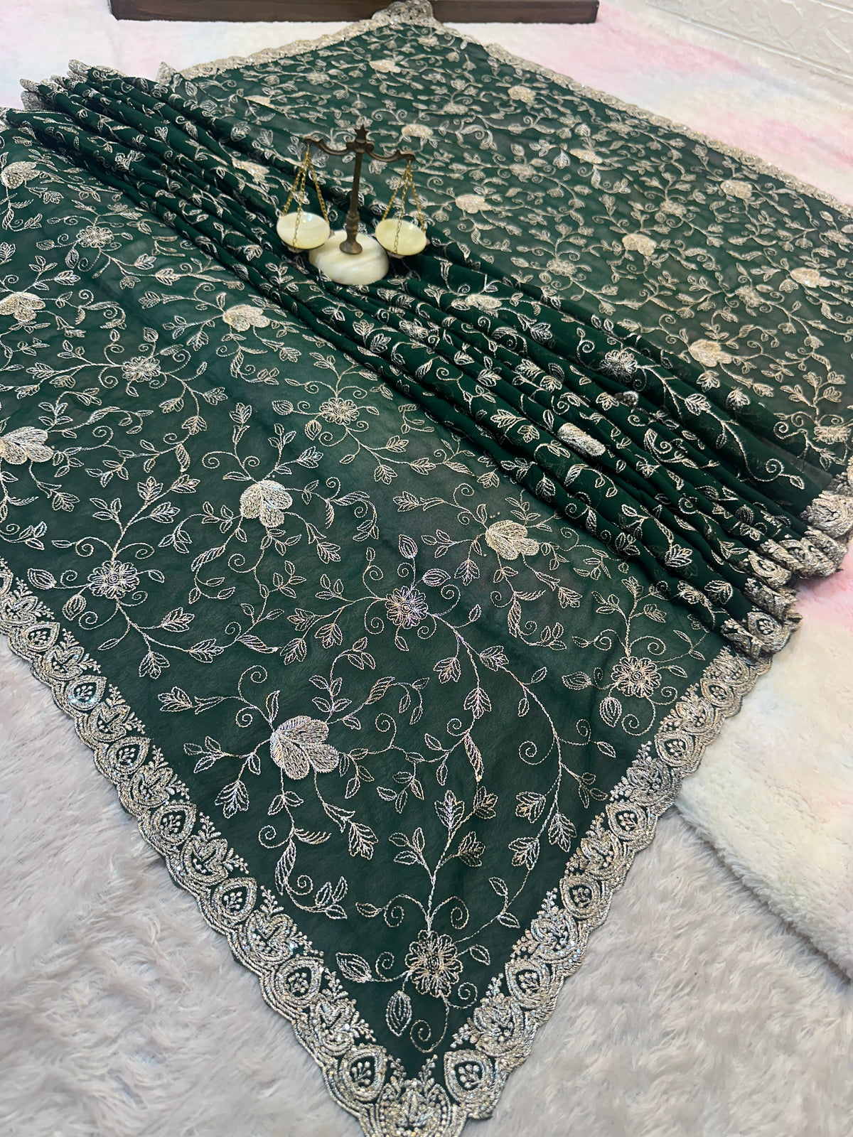 Dark Green Designer Saree With Dupatta – Elegant Floral Embroidery