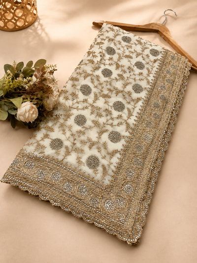 Elegant White Designer Saree with Intricate Zarkhan & Golden Work