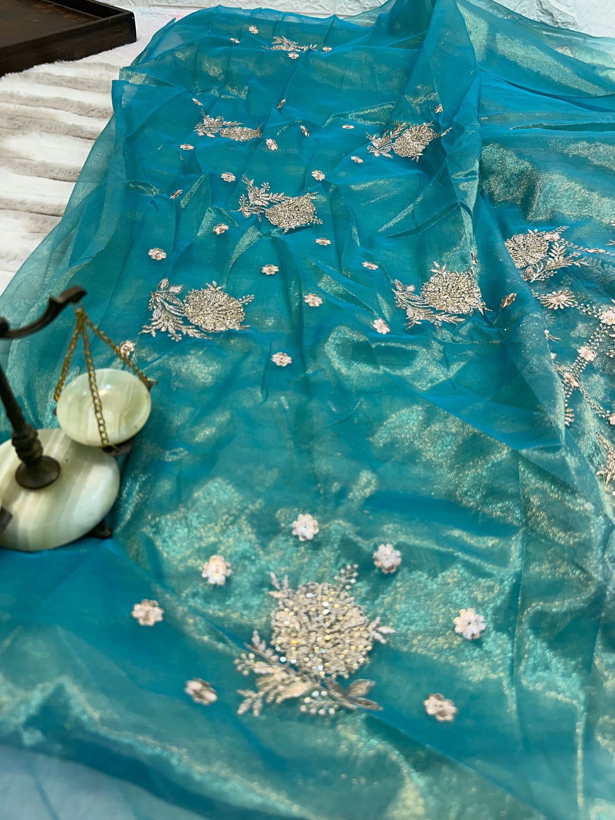 Teal Green Designer Saree with Zari & Zarkhan Work