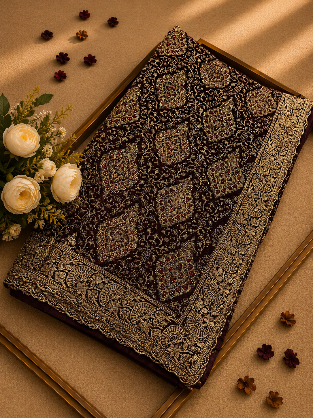 Premium brown Georgette Saree with Kashmiri Work | Elegant Designer Party Wear |