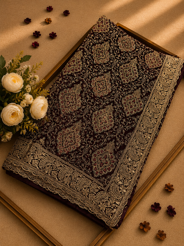 Premium brown Georgette Saree with Kashmiri Work | Elegant Designer Party Wear |