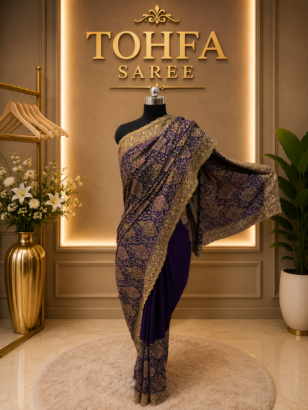 Premium Purple Georgette Kashmiri Work Designer Saree | Elegant Wedding & Festive Collection