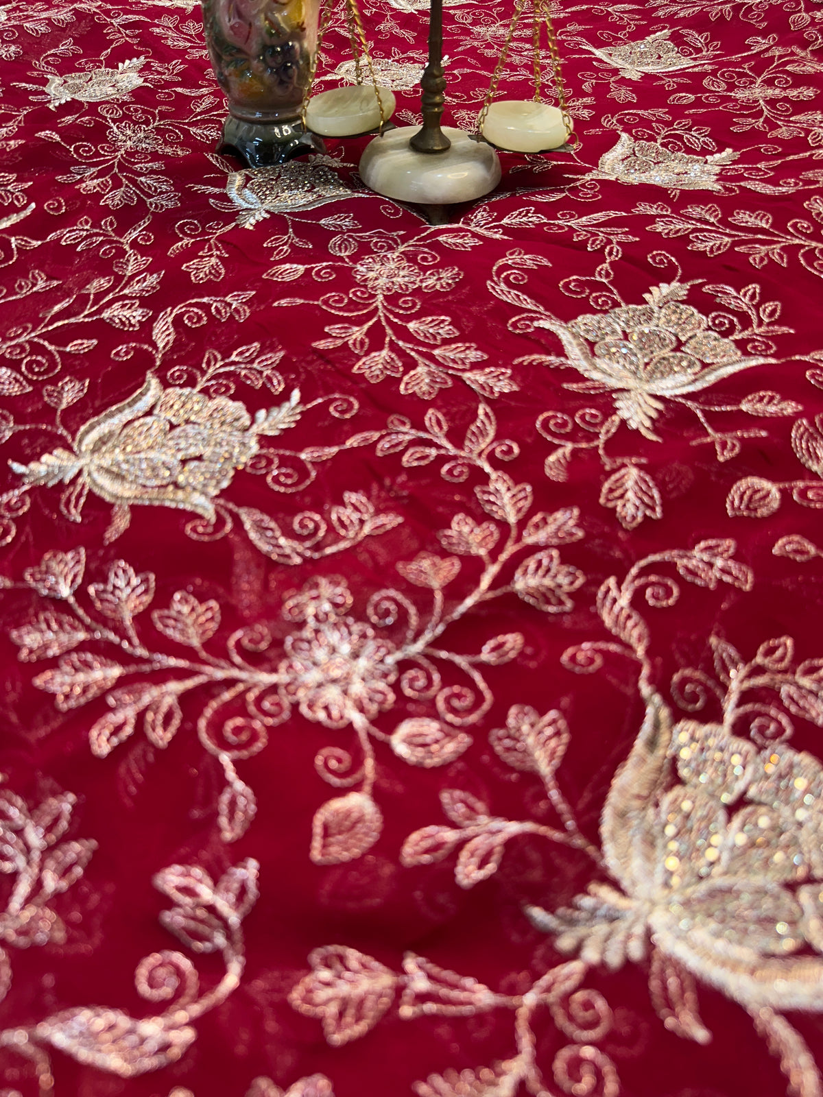 Red Designer Saree With Dupatta – Premium Floral Embroidery