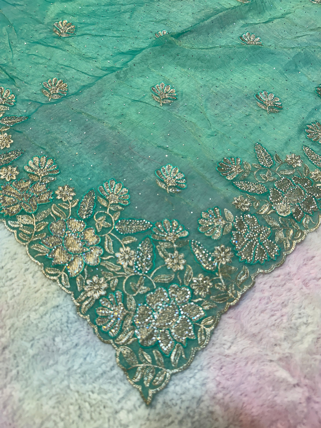 Sea Green Organza Saree with Zarkhan Stone & Zari Floral Embroidery