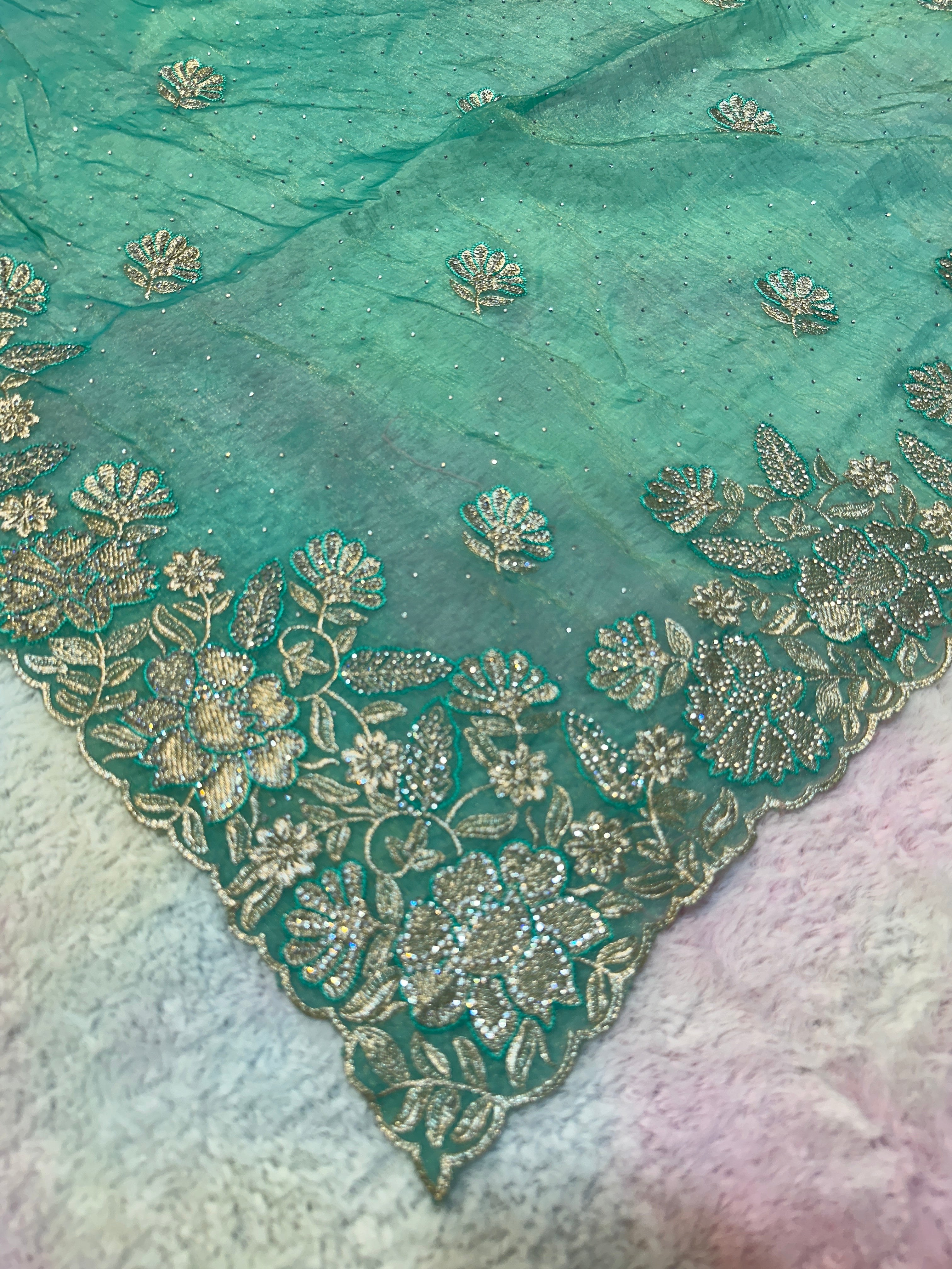 Sea Green Organza Saree with Zarkhan Stone & Zari Floral Embroidery