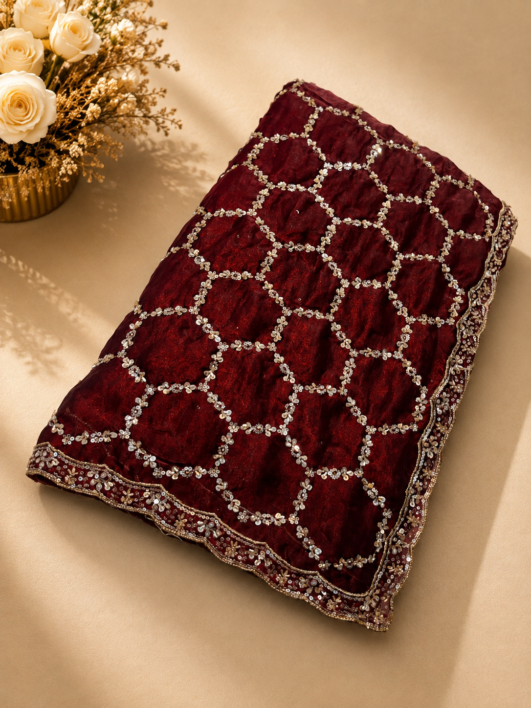 Premium ruby red Designer Saree with Intricate Beads Work