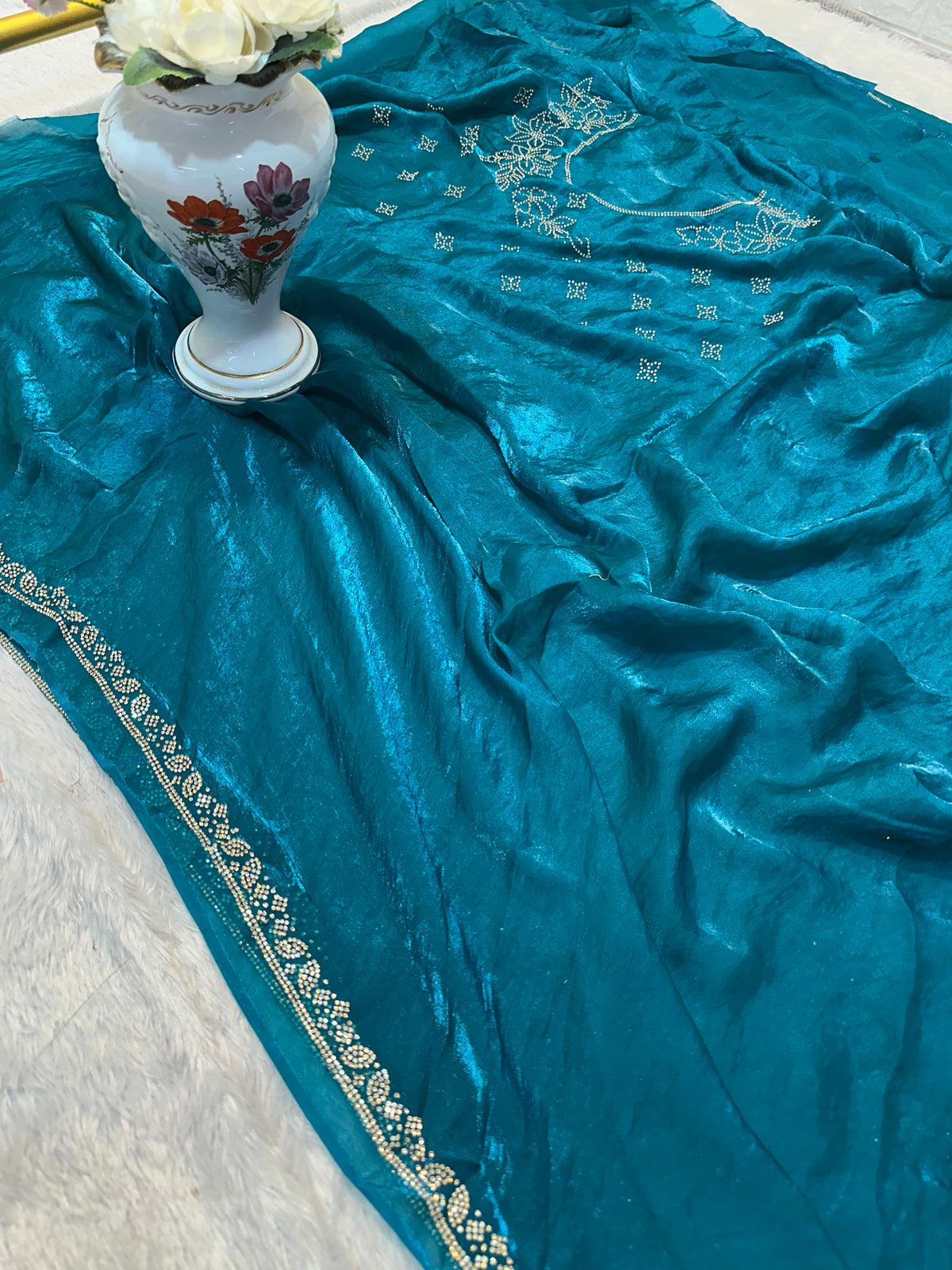Premium Turquoise Blue Fendi Saree with Elegant Stone Work – Luxury Designer Party Wear, Wedding & Festive Collection