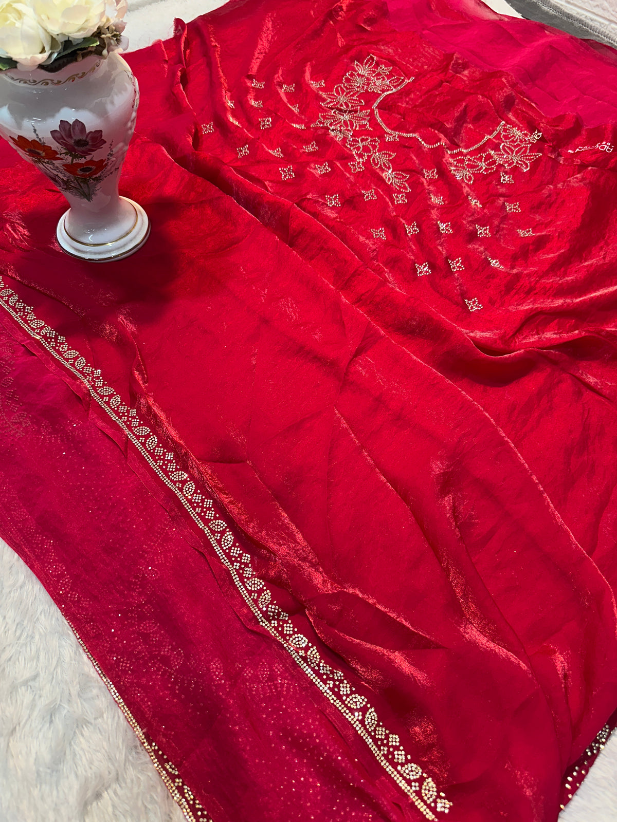 Premium Ruby Red Fendi Saree with Elegant Stone Work – Luxury Designer Party Wear, Wedding & Festive Collection