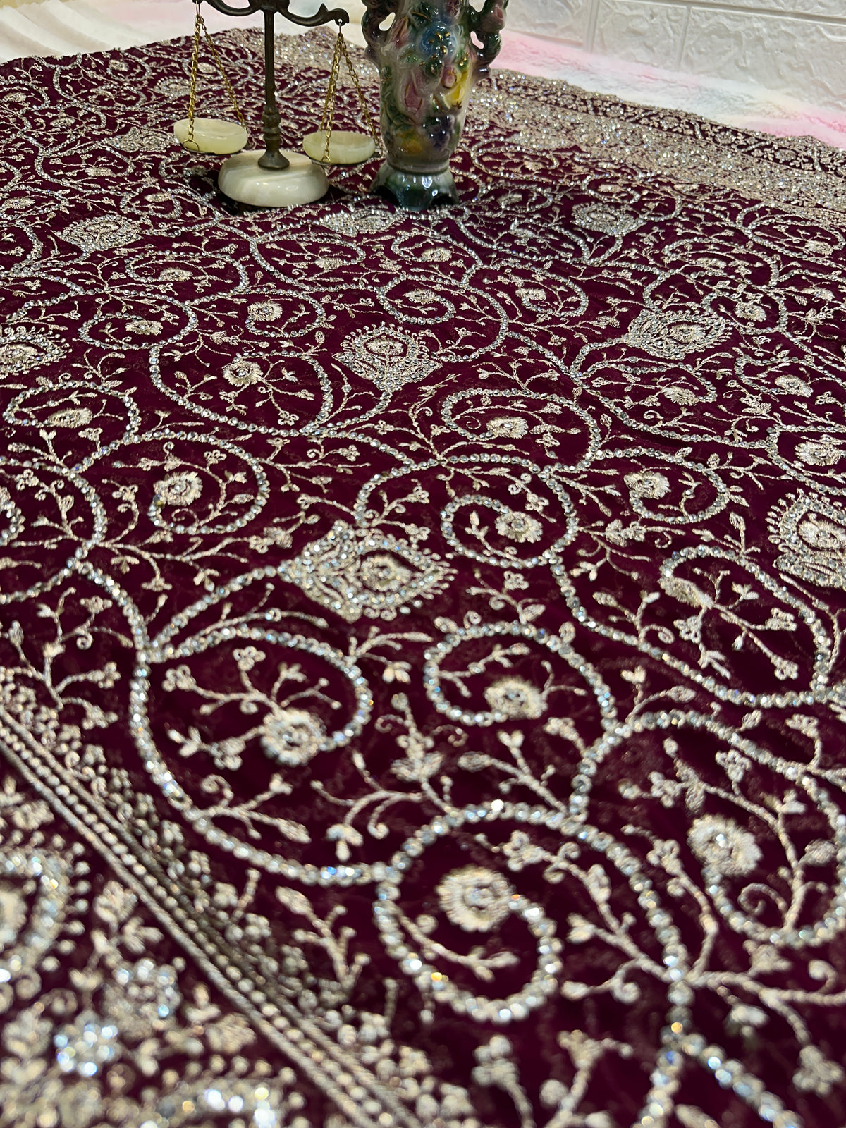 Premium Wine Saree with Dupatta | Heavy Embroidery & Stone Work