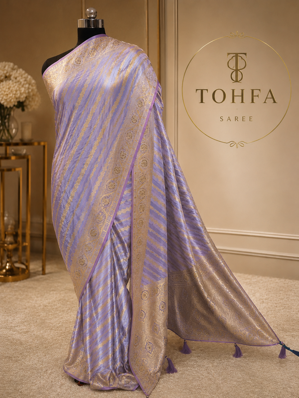 Lavender Purple Banarasi Silk Saree with Gold Zari Stripes & Heavy Zari Border