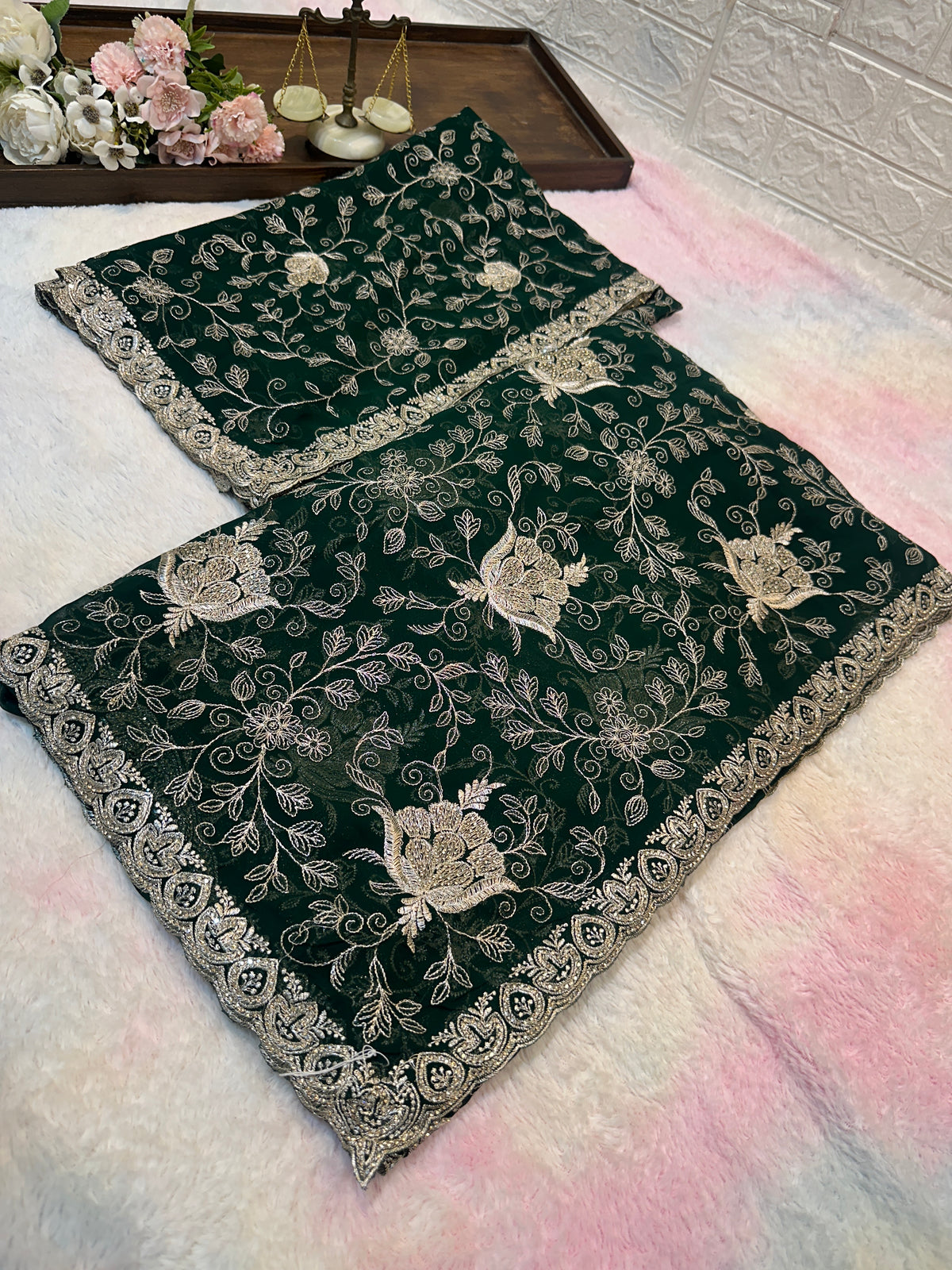 Dark Green Designer Saree With Dupatta – Elegant Floral Embroidery