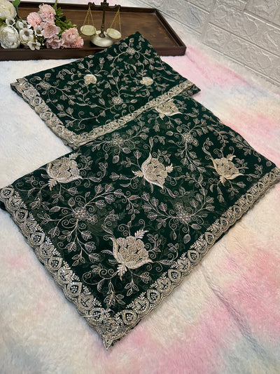 Dark Green Designer Saree With Dupatta – Elegant Floral Embroidery