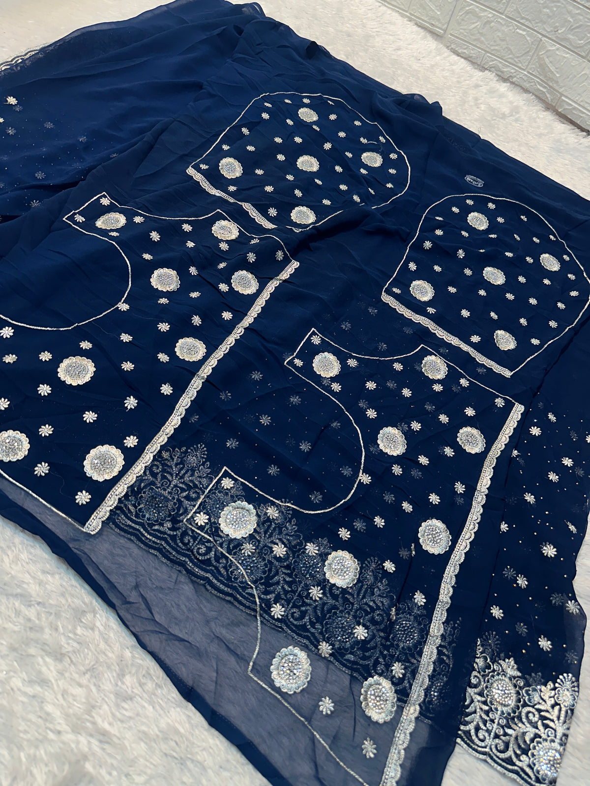 Navy Blue Georgette Saree with Silver Zari & Sequin Embroidery