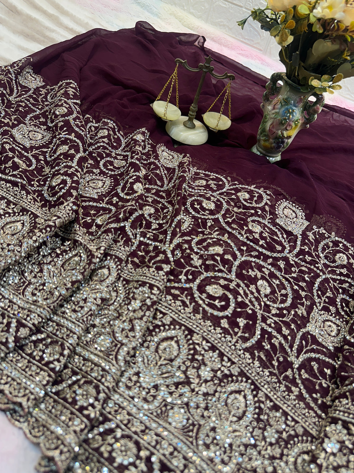 Premium Dark Wine Embroidered Saree With Dupatta