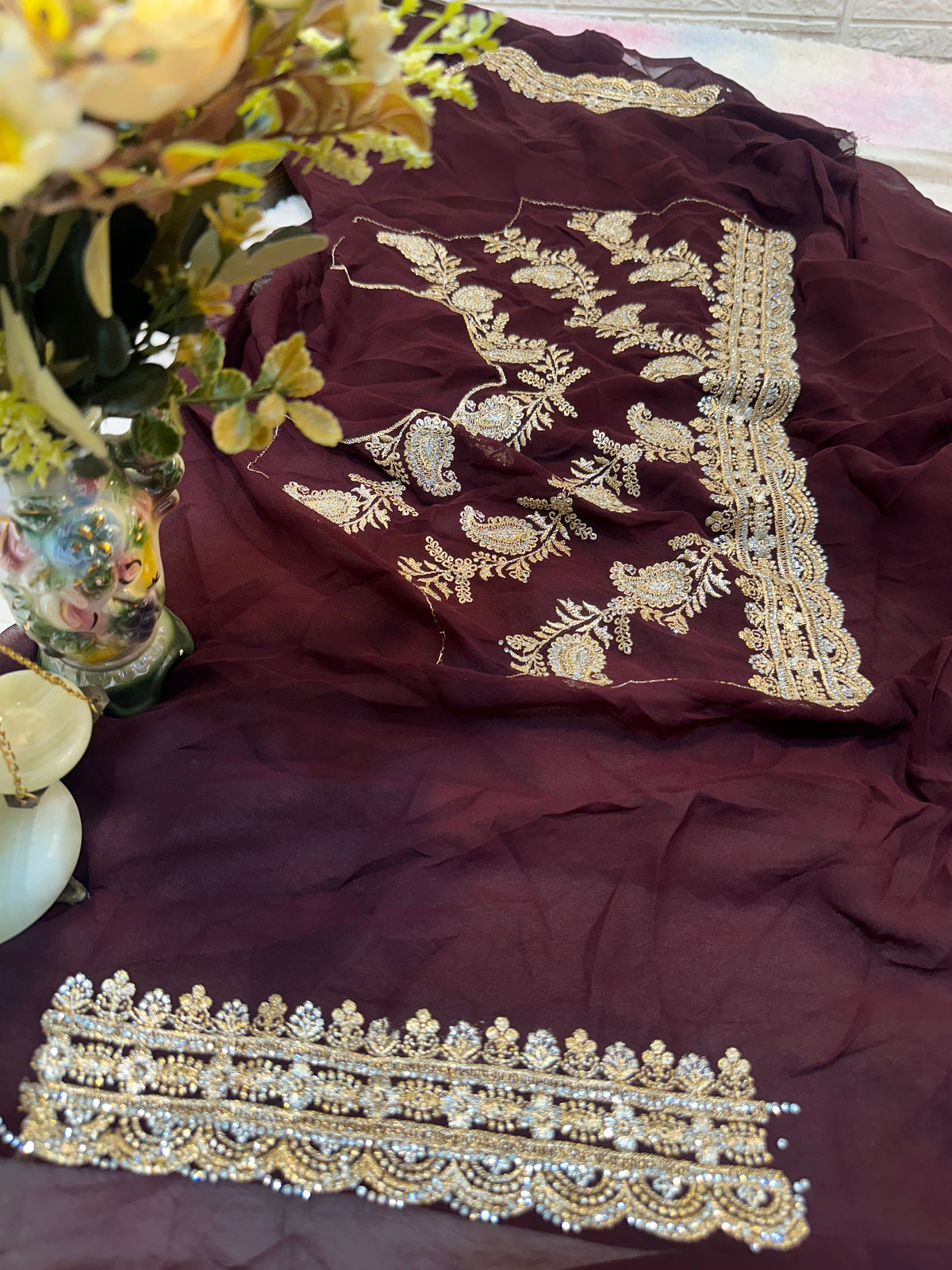 Premium Wine Maroon Bridal Saree with Dupatta | Heavy Zari Embroidery Work