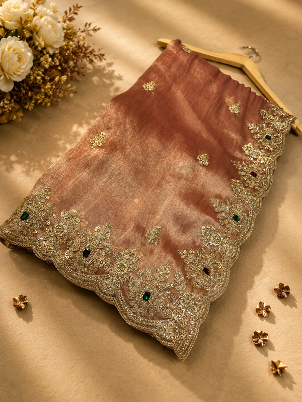 Premium Dusty Rose Gabana Designer Saree | Luxury Zari & Stone Work