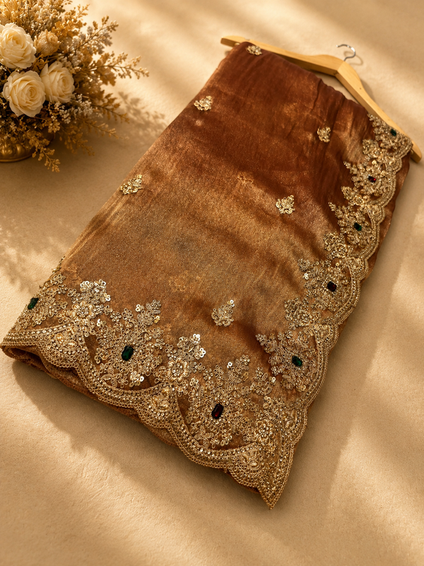Premium Coffee Brown Gabana Designer Saree | Luxury Zari & Stone Work