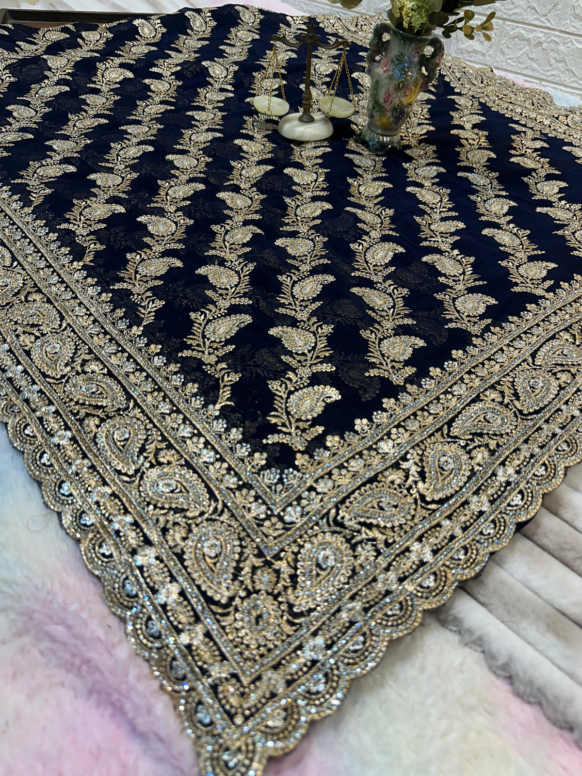 Navy Blue Bridal Saree with Dupatta | Heavy Zari & Embroidery Work