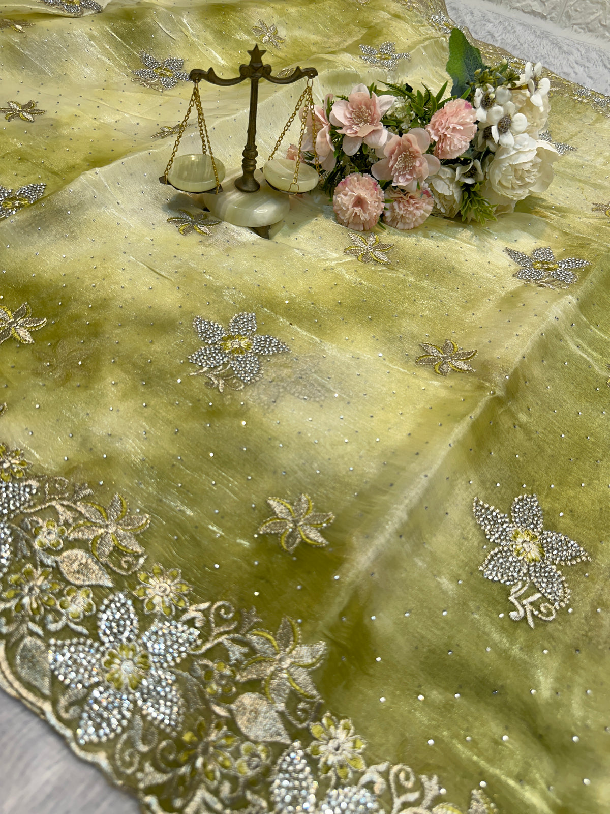 BUY 1 GET 1 FREE – Olive Green Floral Embroidered Saree