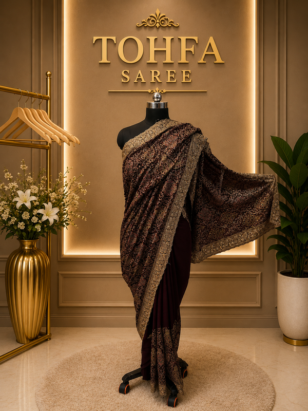 Premium brown Georgette Saree with Kashmiri Work | Elegant Designer Party Wear |