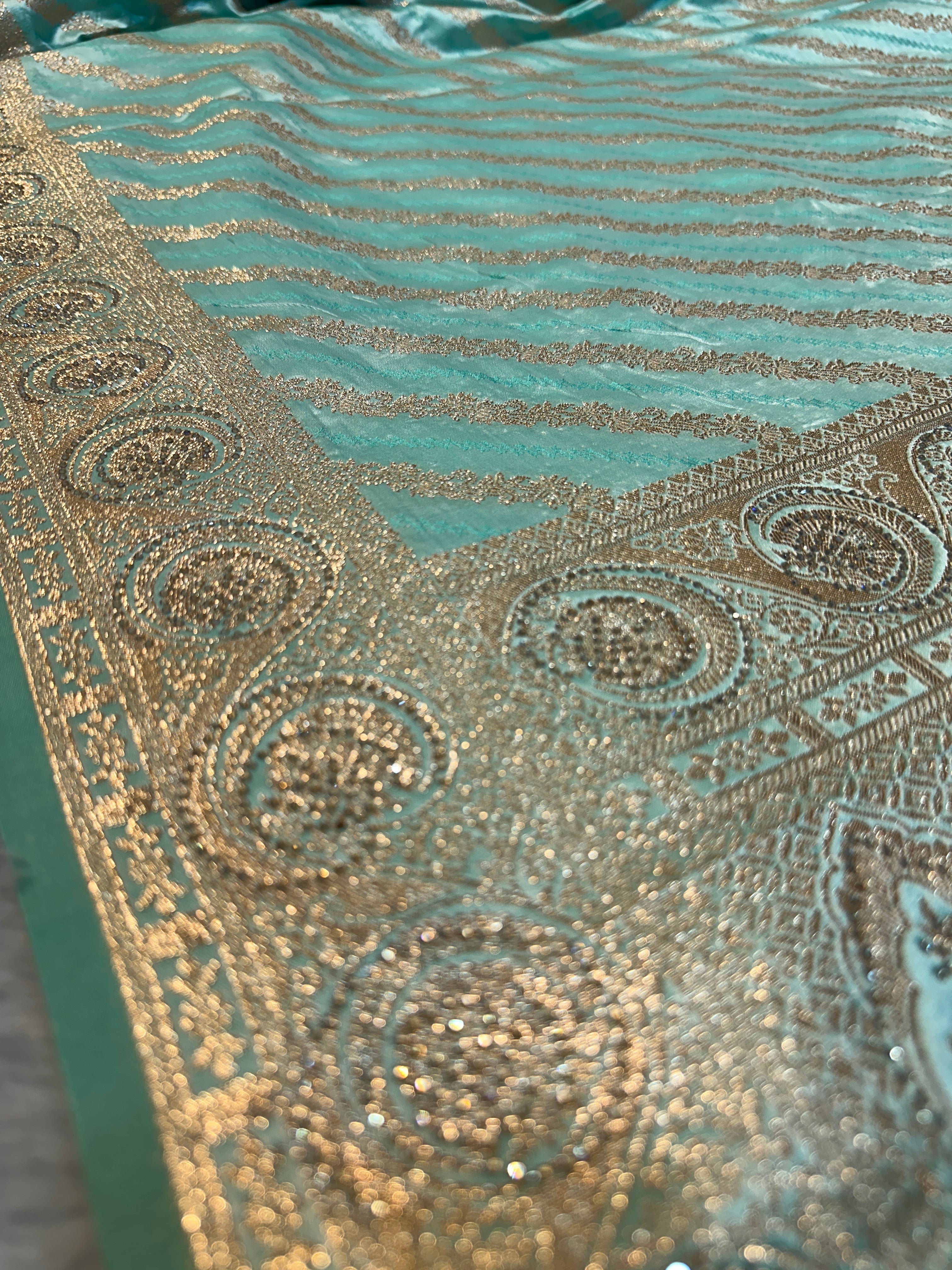 Mint Green Banarasi Silk Saree with Gold Zari Stripes & Heavy Zari Border