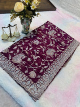 Buy 1 Get 1 FREE – Premium Dark Wine Zari Work Saree ✨