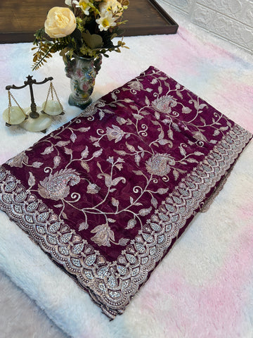 Buy 1 Get 1 FREE – Premium Dark Wine Zari Work Saree ✨