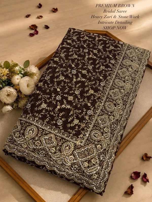 Elegant Brown Georgette Saree with Zari &ZARKHAN Work – Luxury Wedding Collection