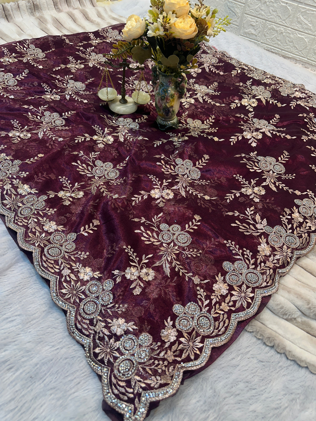 BUY 1 GET 1 FREE – Royal Burgundy Floral Embroidered Saree