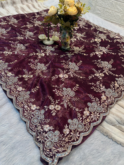 BUY 1 GET 1 FREE – Royal Burgundy Floral Embroidered Saree