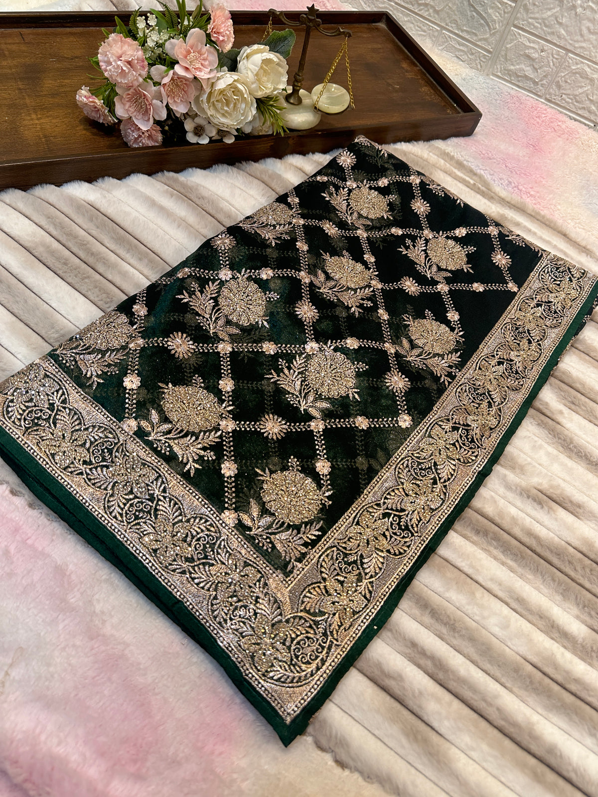 BUY 1 GET 1 FREE – Dark Green Zari & Zarkhan Saree