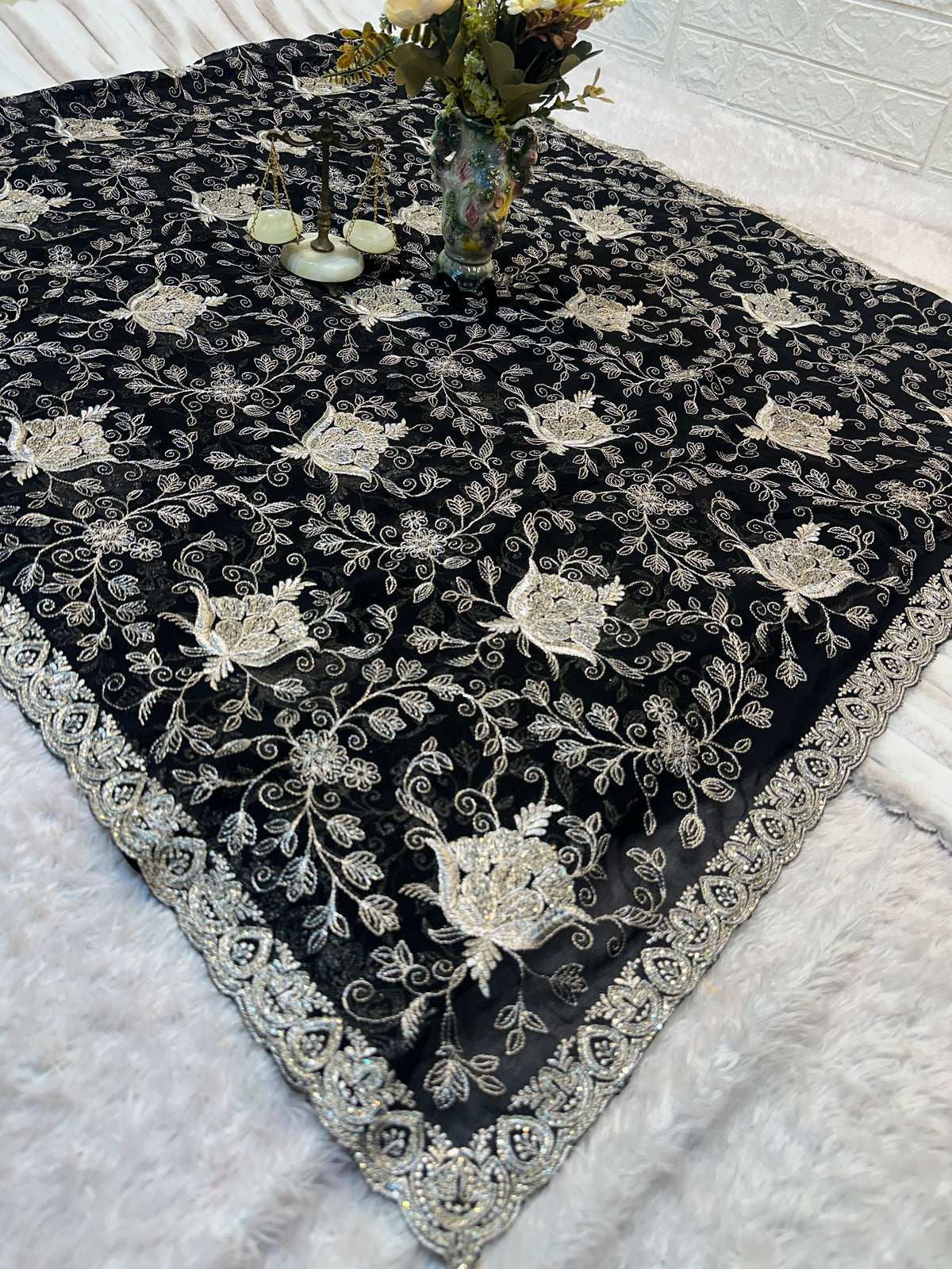 Black Designer Saree With Dupatta – Premium Floral Embroidery