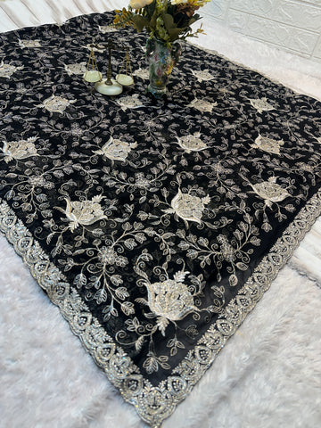 Black Designer Saree With Dupatta – Premium Floral Embroidery