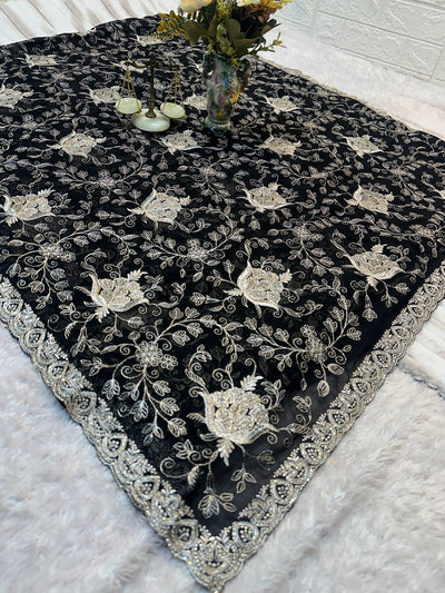 Black Designer Saree With Dupatta – Premium Floral Embroidery
