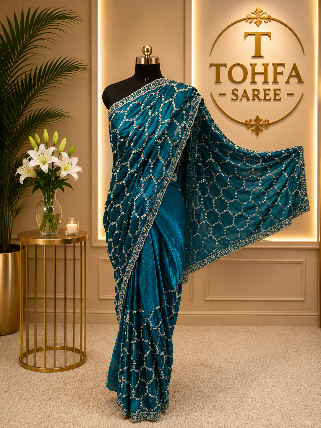 Premium Teal Blue Designer Saree with Intricate Beads Work